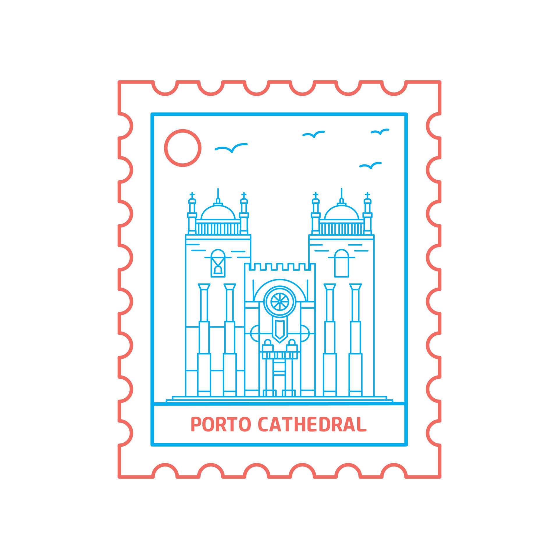 PORTO CATHEDRAL postage stamp Blue and red Line Style vector