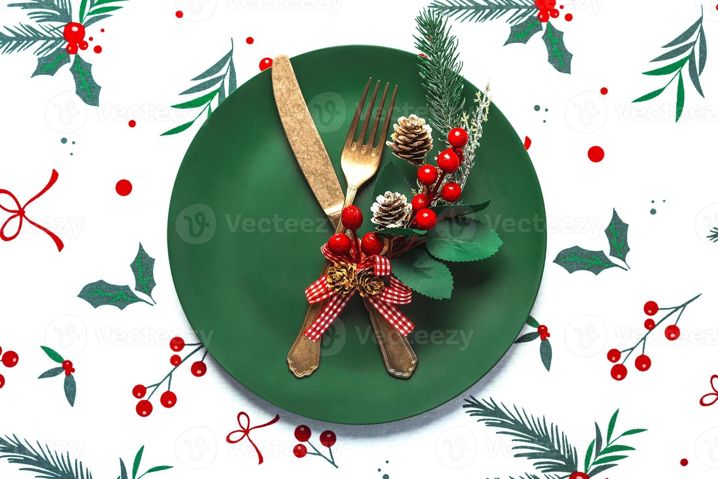 Christmas dinner concept. Vintage old cutlery and christmas ornament . Christmas concept background photo