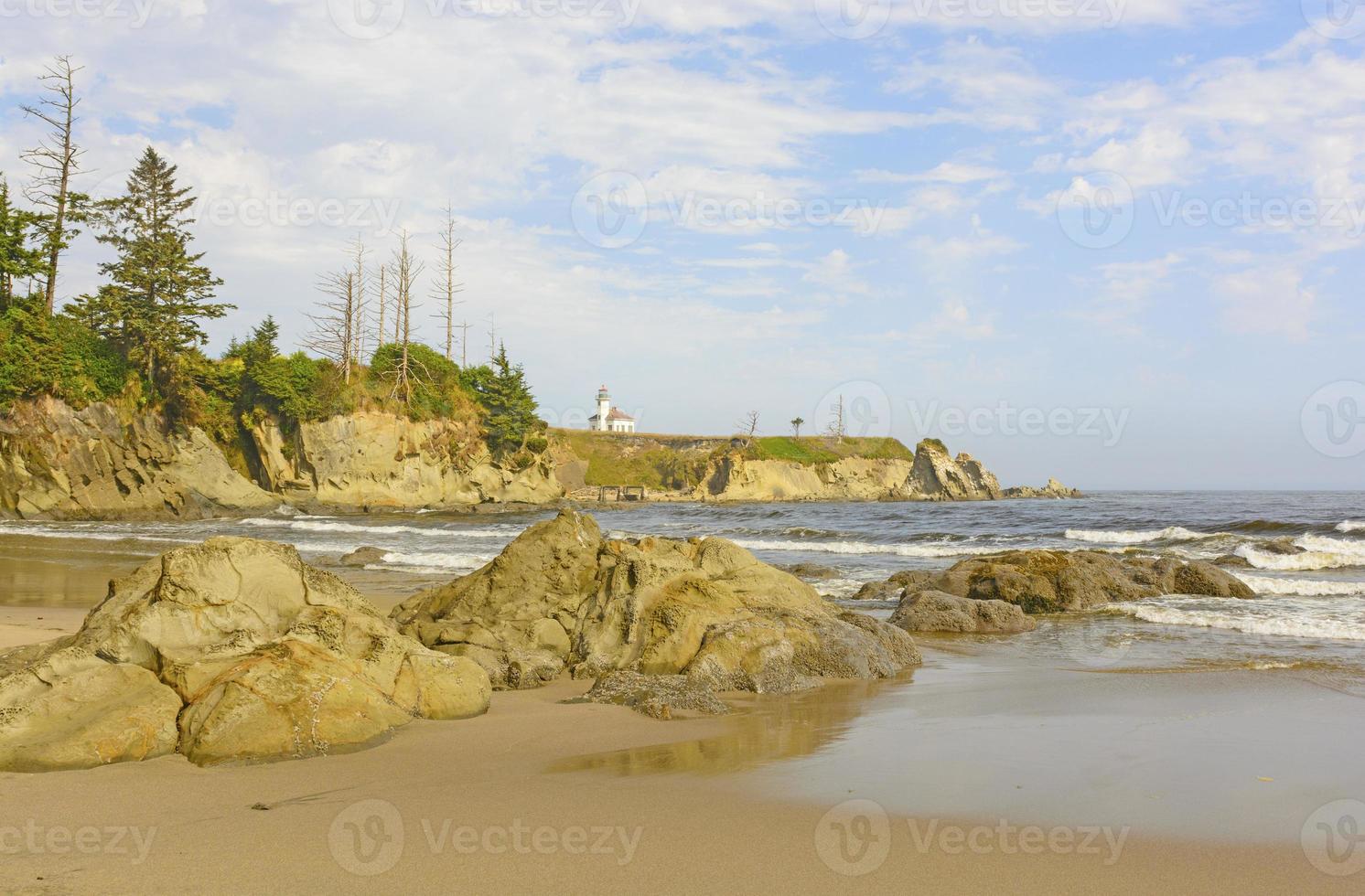 Lighthouse on a Rugged Coastal Beach photo