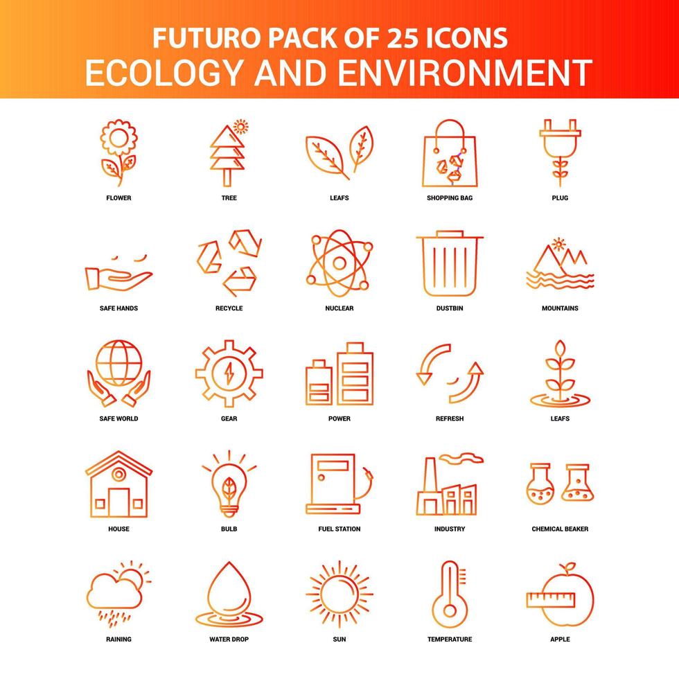 naranja futuro 25 conjunto de iconos de ecología y medio ambiente vector