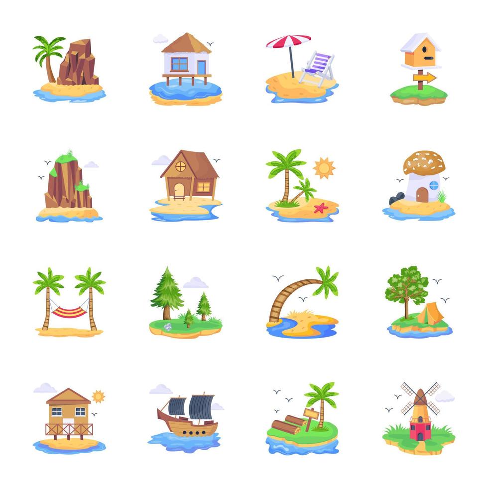Set of Island Landscapes Flat Vectors