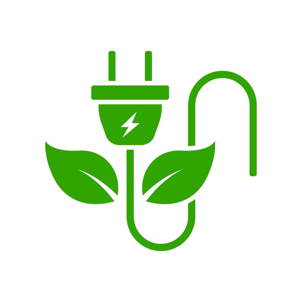 Electric Plug Green Energy Silhouette Icon. Renewable Ecology Sustainable Technology Icon. Eco Electricity Power with Leaf Glyph Pictogram. Environmental Conservation. Isolated Vector Illustration.