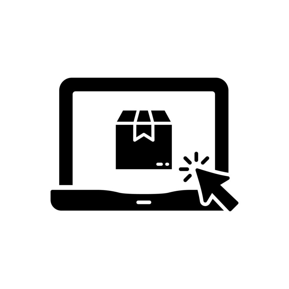 Digital Market Service Shopping in Device Buy on Website Icon. Online Shop in Computer Silhouette Black Icon. Laptop and Box Ecommerce Concept Glyph Pictogram. Isolated Vector Illustration.