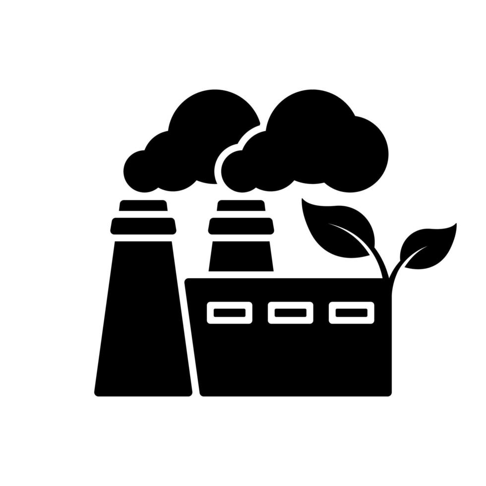 Eco Factory Industry Building with Leaf Silhouette Icon. Bio Power Station with Smoke Glyph Pictogram. Ecological Industrial Production Icon. Electricity Energy Sign. Isolated Vector Illustration.