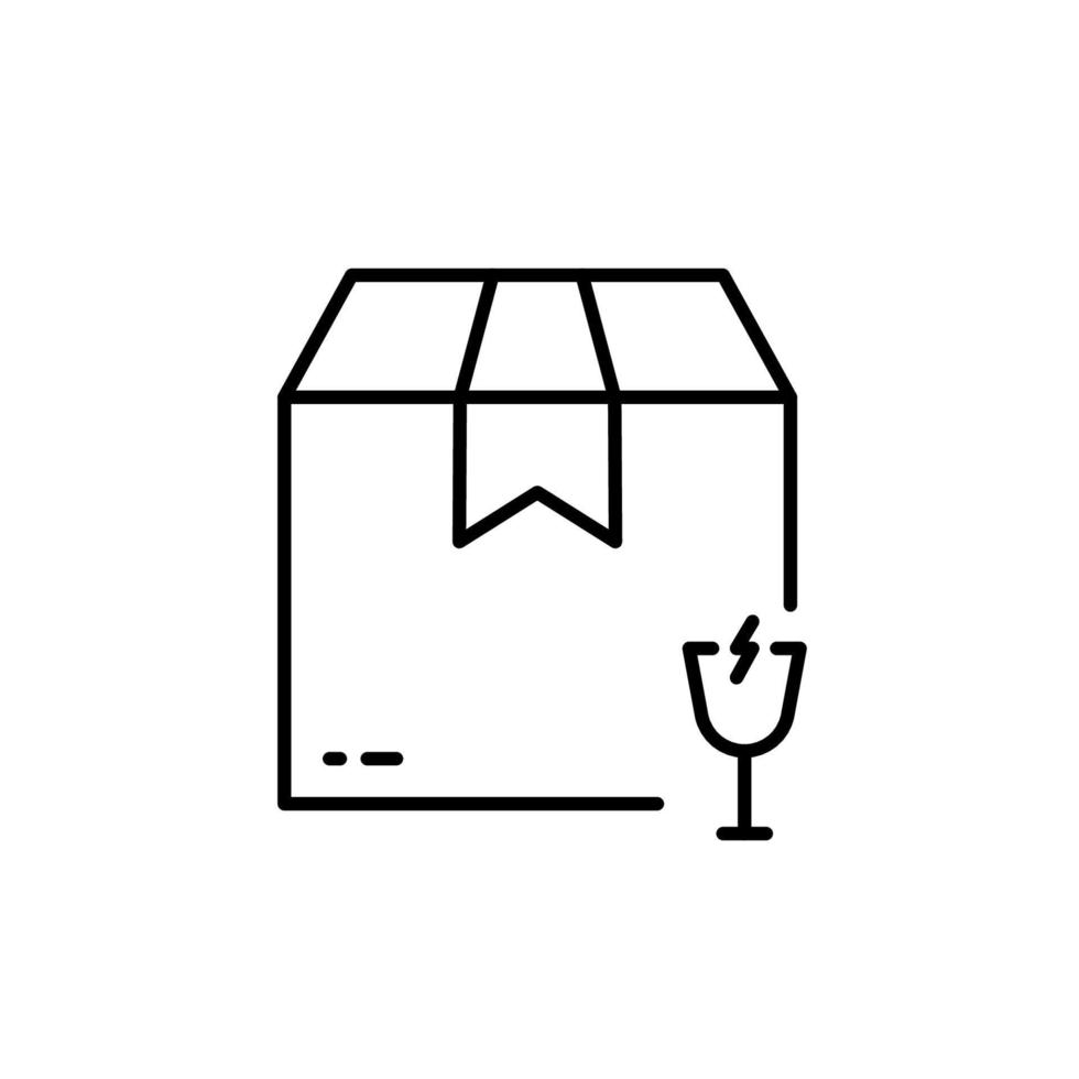 Caution Parcel Cardboard Box with Glassware Care Line Icon. Careful Glass Handle Shipping Linear Pictogram. Breakable Fragile Package Outline Icon. Editable Stroke. Isolated Vector Illustration.