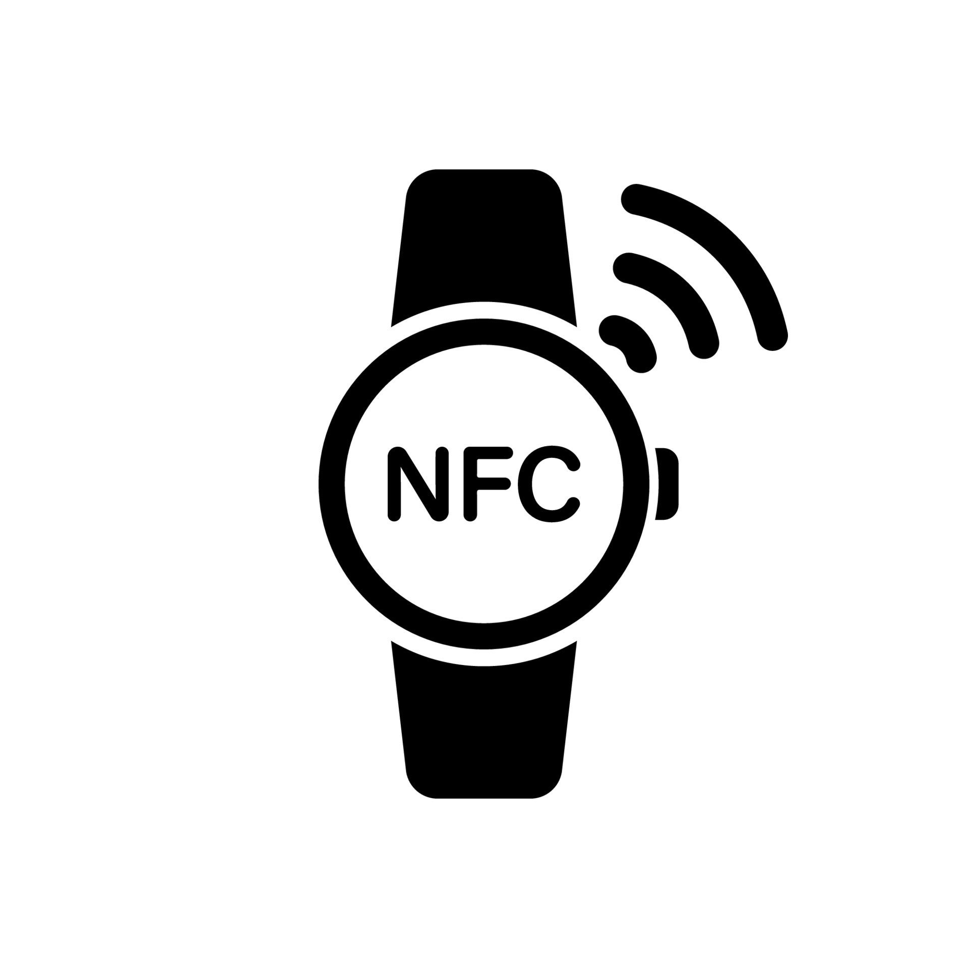 reloj con icono de silueta de tecnología nfc. pulsera smartwatch pago  inalámbrico por pictograma de glifo de compra. pulsera de mano rfid icono  de pago sin efectivo. reloj inteligente nfc. ilustración vectorial