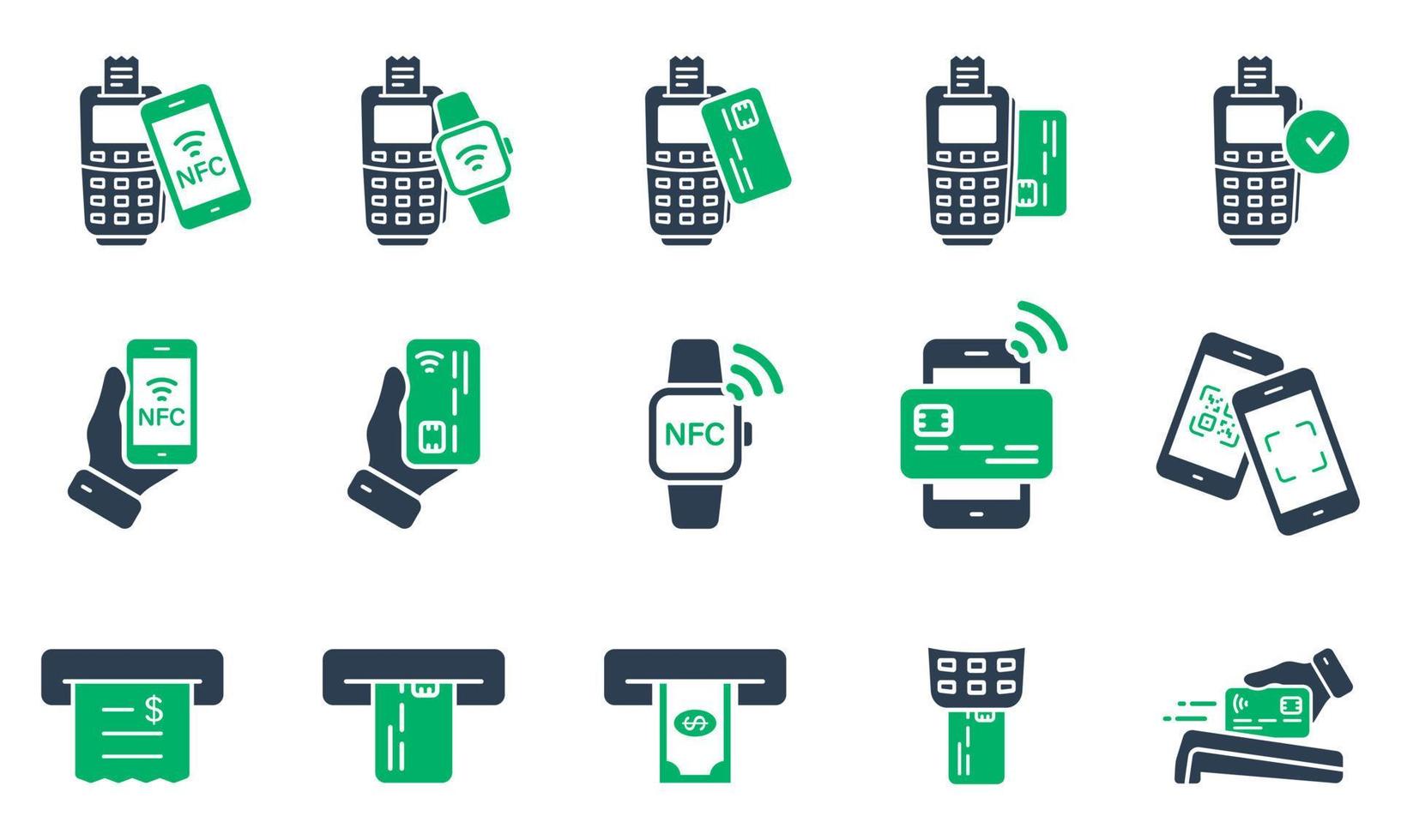 Pay Transaction by Mobile Phone, Smart Watch, Credit Card on POS Silhouette Icon Set. NFC Cashless Wireless Payment Technology Glyph Pictogram. ATM Money Withdraw Icon. Isolated Vector Illustration.