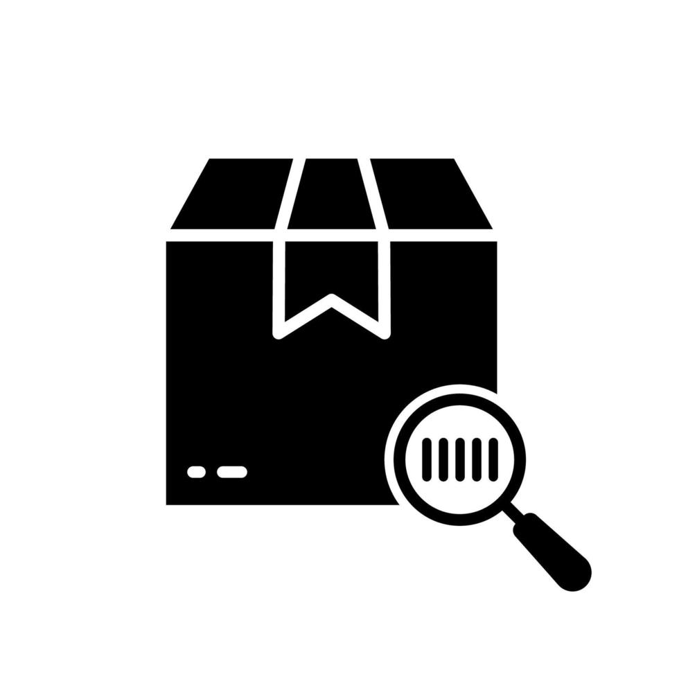 Search Product Bar Code on Cardboard Package Silhouette Icon. Browse Tracking Number Glyph Pictogram. Find Unique Barcode on Parcel Box with Magnifier Scanner Icon. Isolated Vector Illustration.