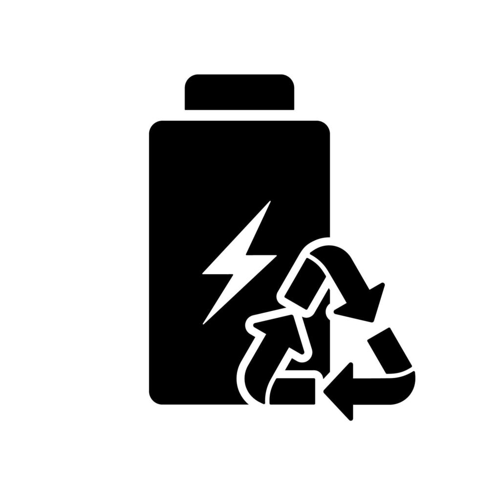 icono de silueta de batería ecológica recargable. pictograma de glifo acumulador ecológico renovable. energía verde eléctrica con símbolo de flechas triangulares. reciclar energía eléctrica. ilustración vectorial aislada. vector