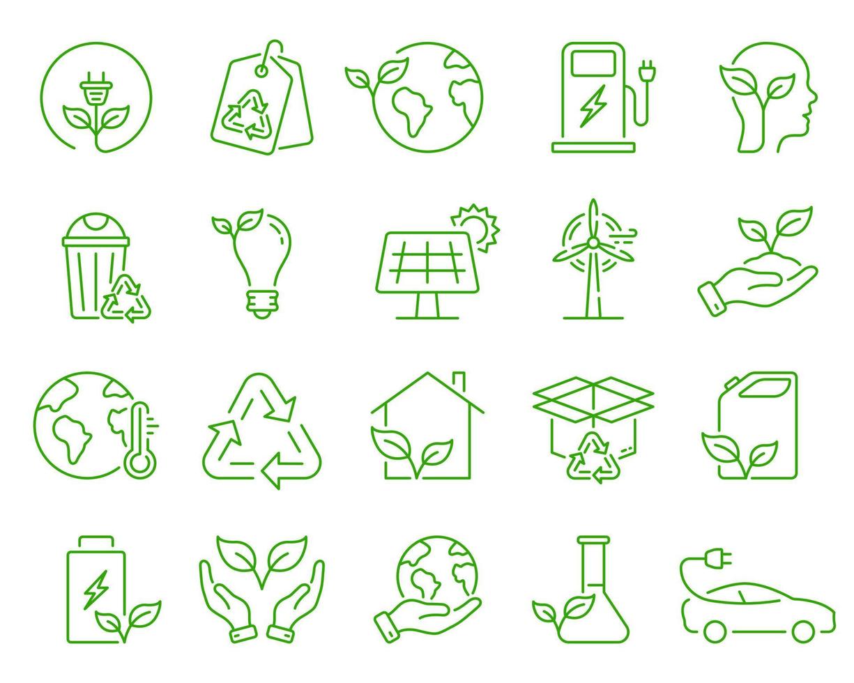 Ecology Solar, Wind, Water Electric Energy Linear Sign. Environment Care Line Icon Set. Clean Electricity Power Outline Symbol. Environment Conservation. Editable Stroke. Isolated Vector Illustration.