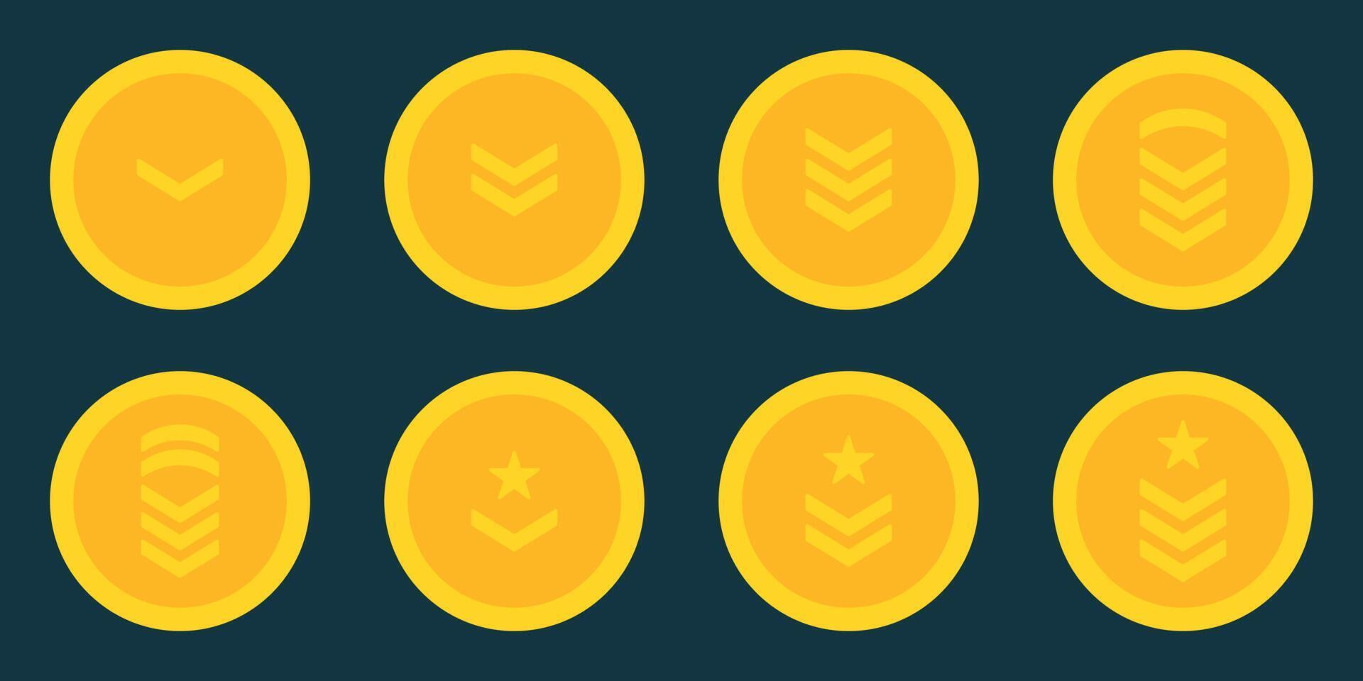 Army Rank Gold Icon. Military Badge Insignia Symbol. Chevron Star and Stripes Logo. Soldier Sergeant, Major, Officer, General, Lieutenant, Colonel Emblem. Isolated Vector Illustration.