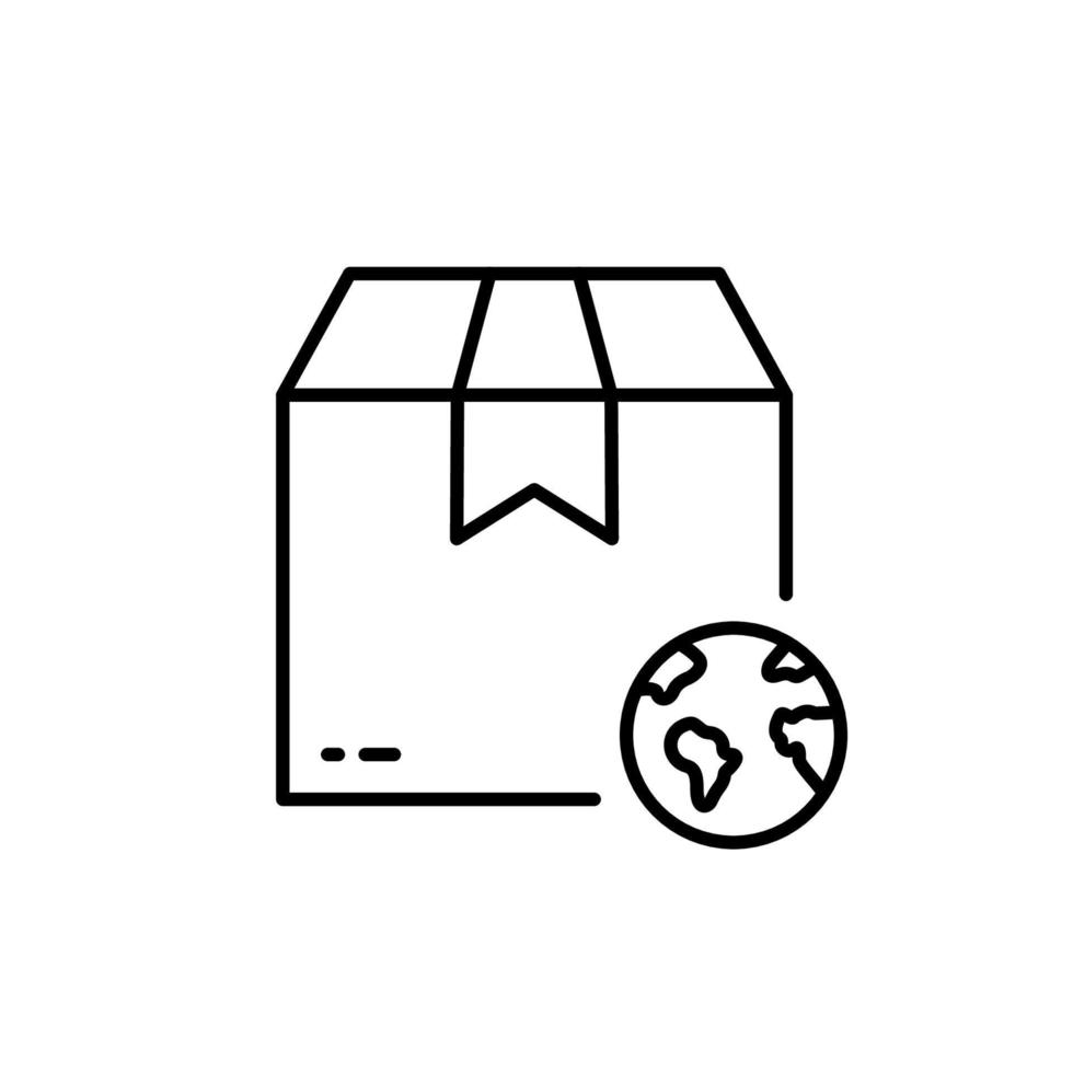 World Wide Delivery Parcel Box and Globe Line Icon. International Shipping Industry Linear Pictogram. Global Worldwide Import Export Retail Outline Icon. Editable Stroke. Isolated Vector Illustration.