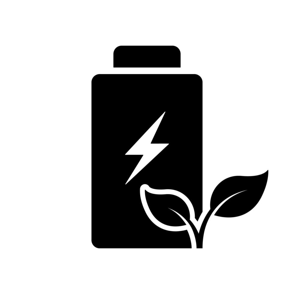 Ecological Rechargeable Accumulator with Leaf and Lightning Silhouette Icon. Renewable Battery Glyph Pictogram. Eco Green Energy Symbol. Recycle Electric Power. Isolated Vector Illustration.