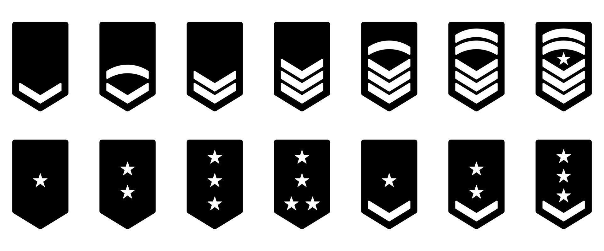 Army Rank Icon. Military Badge Insignia Green Symbol. Chevron Yellow Star and Stripes Logo. Soldier Sergeant, Major, Officer, General, Lieutenant, Colonel Emblem. Isolated Vector Illustration