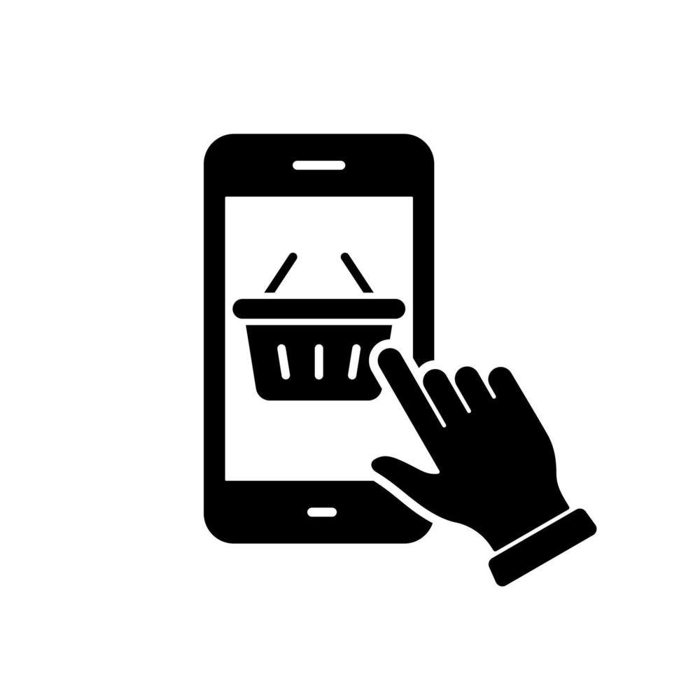 Cellphone and Basket Ecommerce Silhouette Black Icon. Online Shop in Smartphone Glyph Pictogram. Mobile App Digital Market Smart Phone and Shopping Cart Icon. Isolated Vector Illustration.