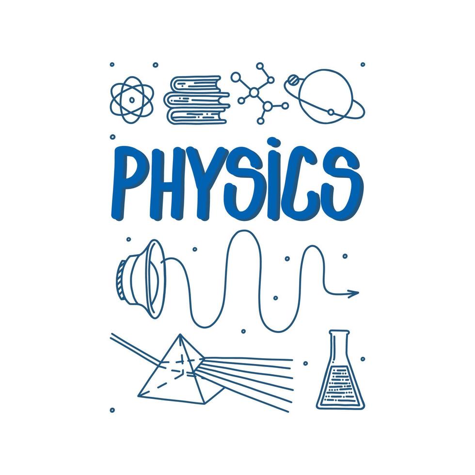 Physics doodle with light prism, sound waves and atom. Hand drawn science items isolated in white background. Card with doodle vector illustration