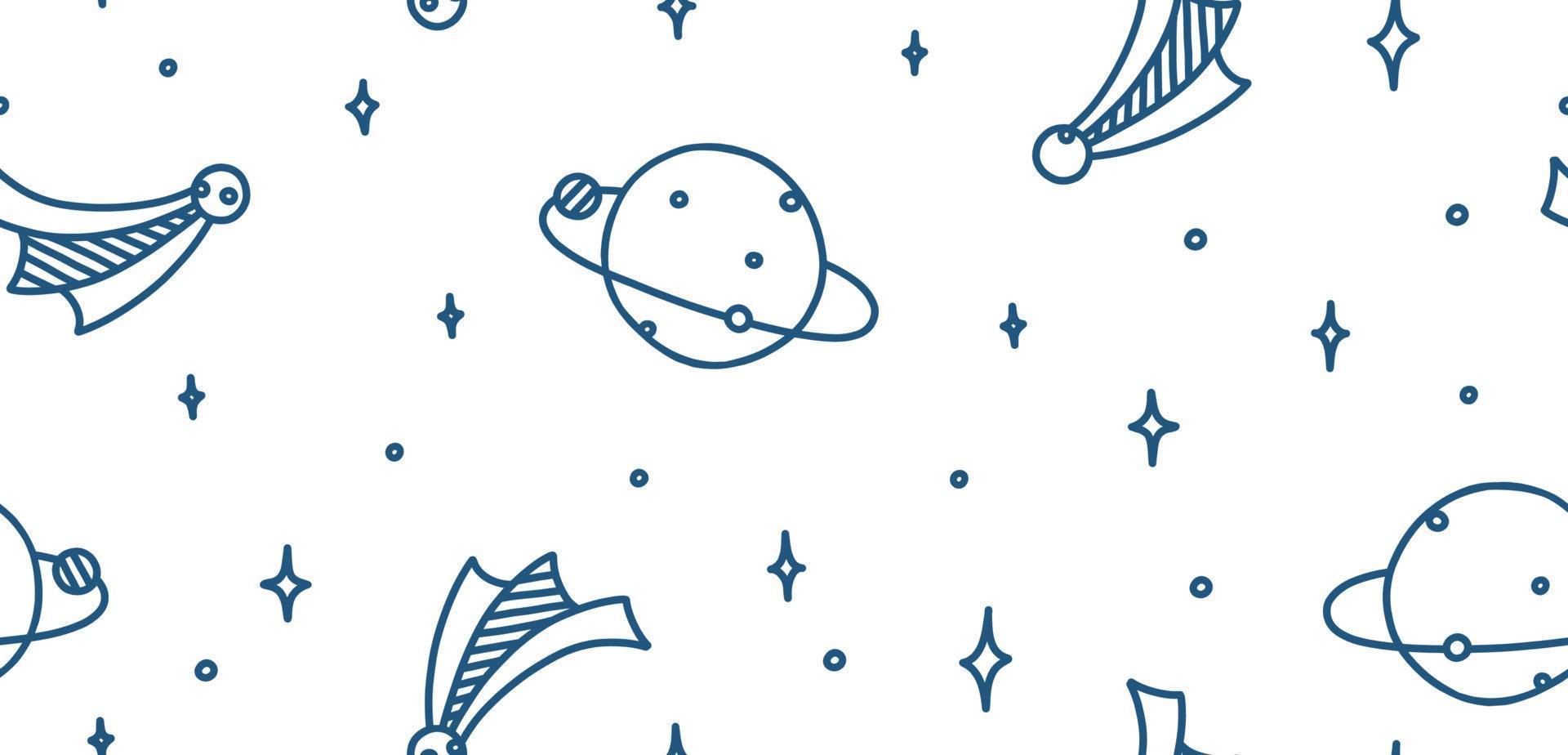 Space doodle with planets, moon, stars and comets. Outer space seamless pattern. Hand drawn vector illustration