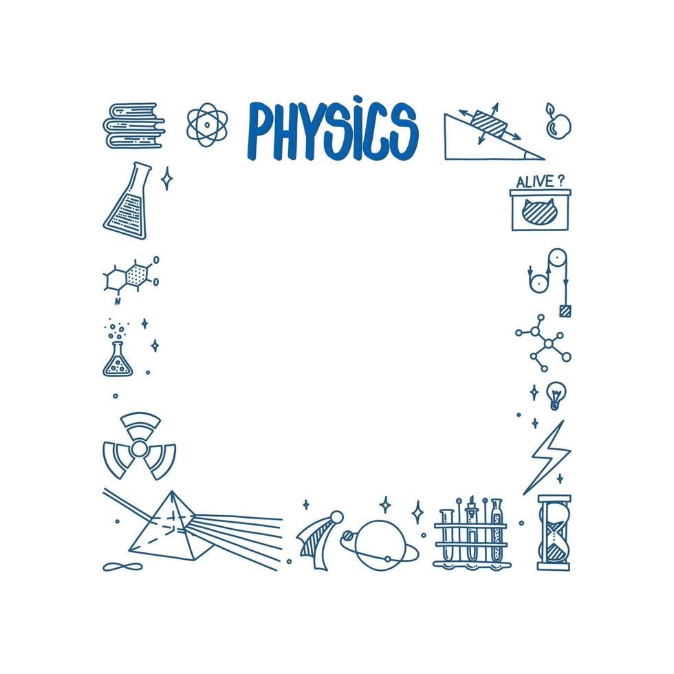 Physics doodle with light prism, books, atom and different experiments. Square frame with space for text. Physics theory elements isolated in white background. Vector illustration