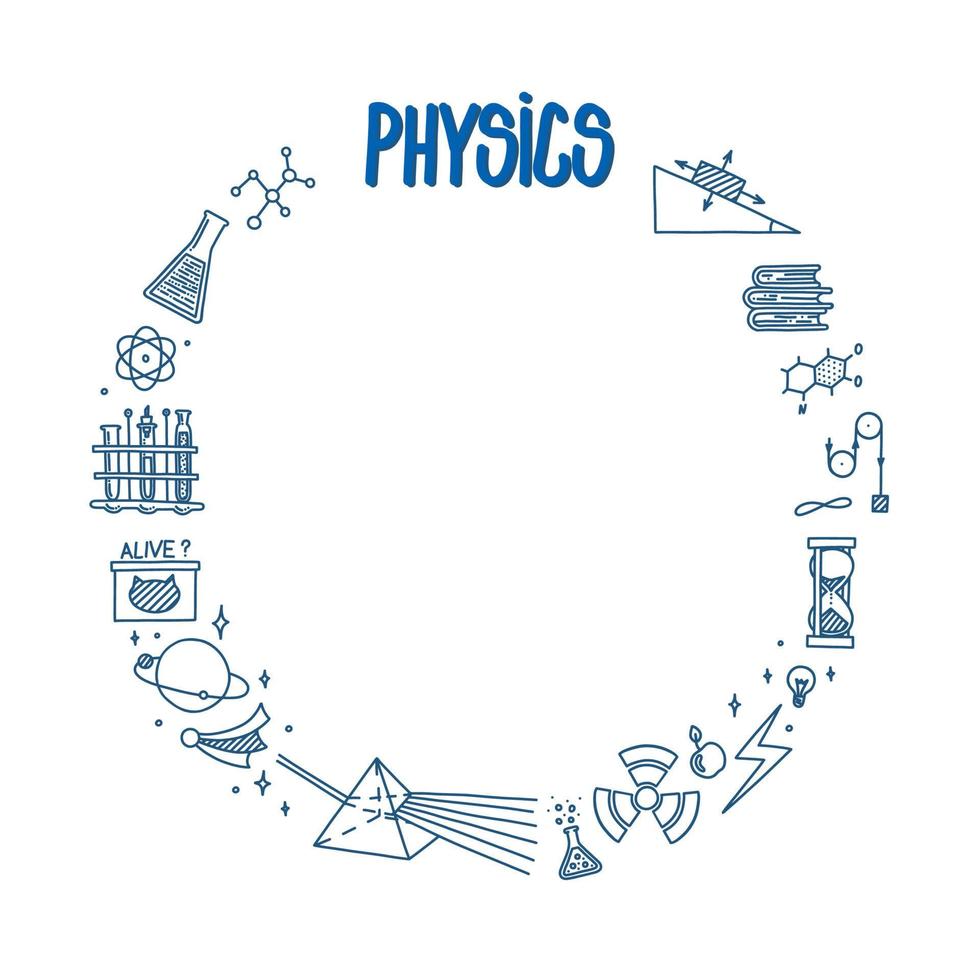 Physics doodle with light prism, books, atom and different experiments. Circle frame with space for text. Physics theory elements isolated in white background. Vector illustration