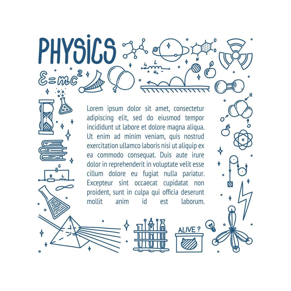 Physics doodle with light prism, books, atom and different experiments. Frame with hand drawn science items. Vector illustration in doodle style