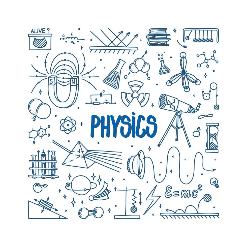 Physics doodle with magnet, prism, telescope and atom. Hand drawn science items. Physics theory elements and formula equation isolated in white background. Doodle vector illustration