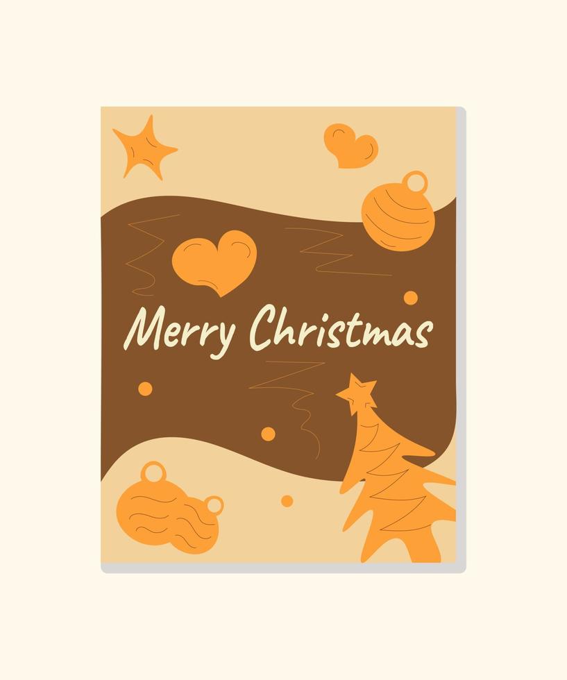 Christmas card in beige tones. Beige, brown and orange colors. Christmas tree and stars. Vector illustration.