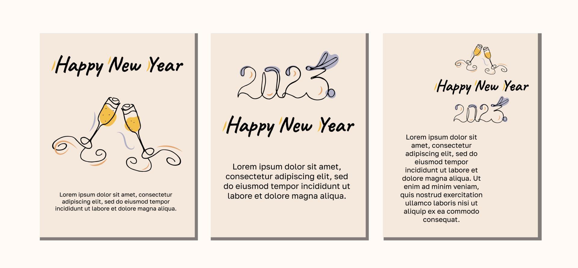 Set of new year cards with glasses of champagne and text 2023. Vector illustration.