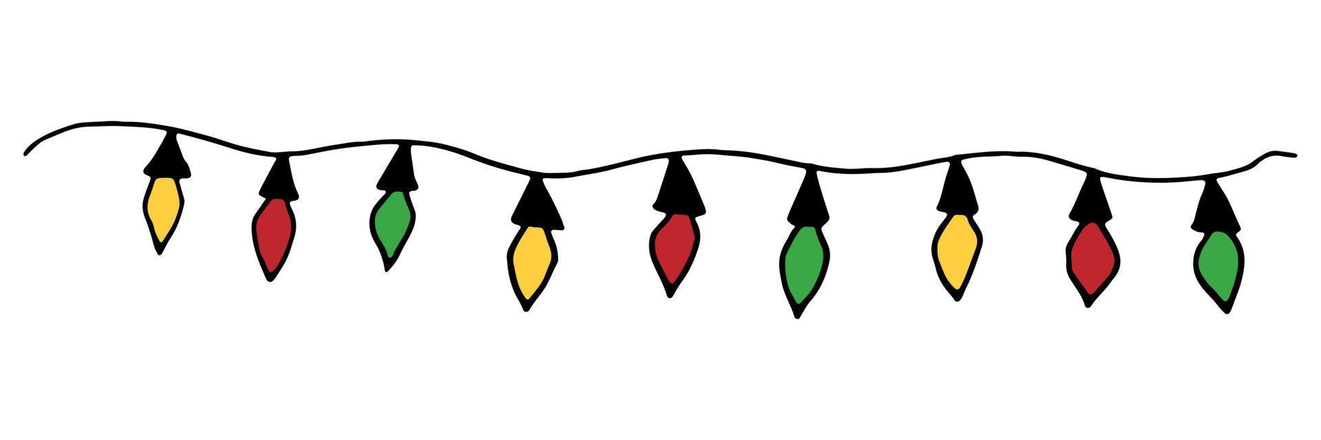 Christmas garland with red green and yellow light bulbs. Vector illustration.