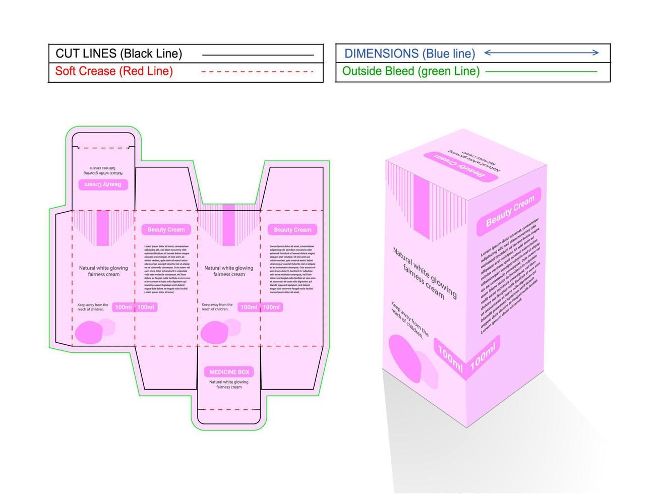 diseño de caja de embalaje listo para imprimir con extremo de pliegue inverso de crema de belleza con línea de troquel perfecta y caja 3d vector