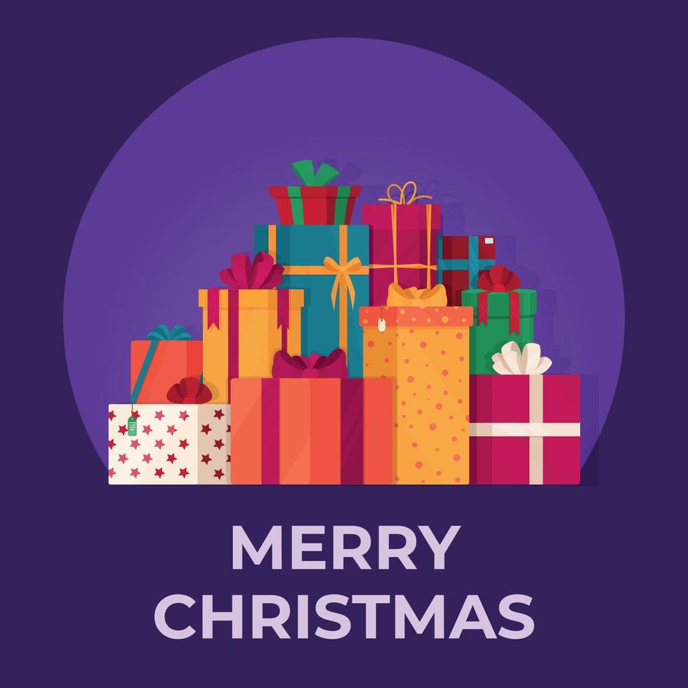 Vector illustration of a set of gifts on a purple background. Drawing with beautiful Christmas boxes. Merry Christmas.