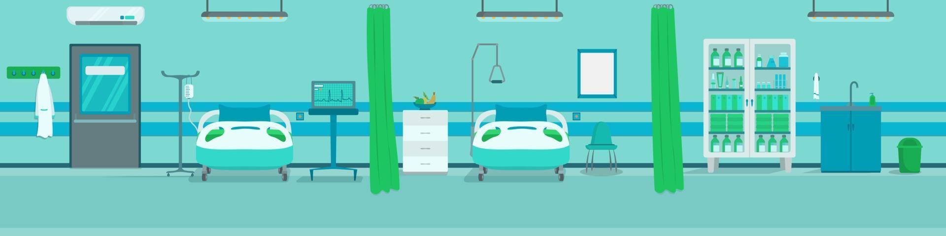 Vector illustration of the hospital room. Medical background with hospital beds and other interior elements.