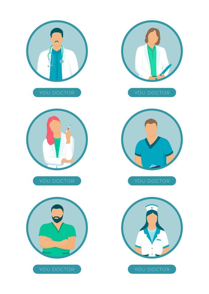 ilustración vectorial de iconos médicos aislados. retrato del médico de familia en las páginas de varios sitios médicos. vector