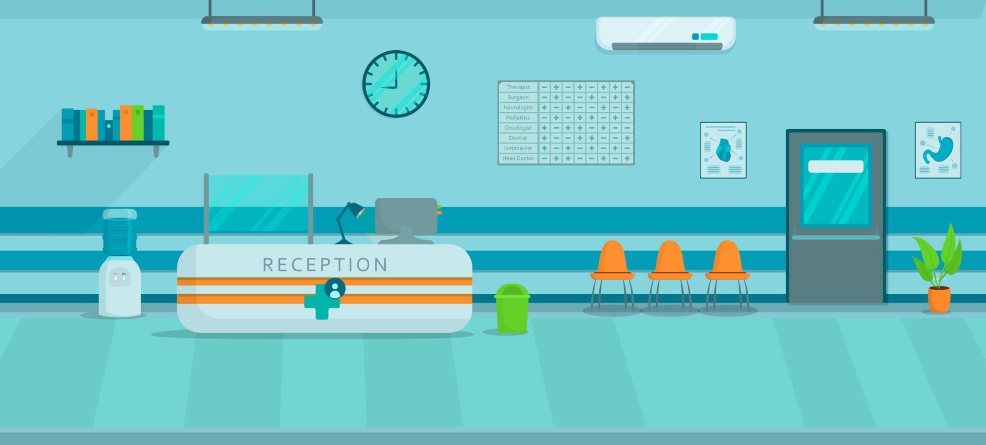 Vector illustration of the hospital's admissions office. The attending physician's office. It's a live line. Background interior.