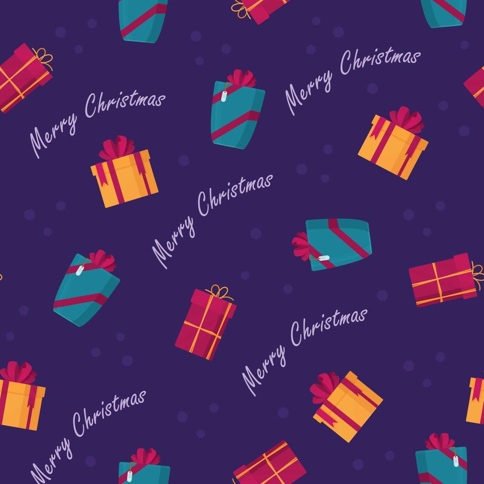 Vector illustration of a pattern of gifts on a purple background.