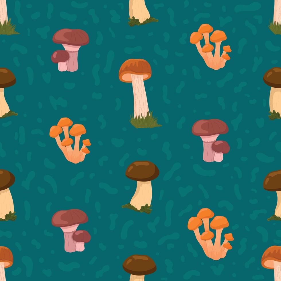 Seamless pattern of mushrooms, in a complex flat style. Endless picture fungi. Vector illustration fungus.