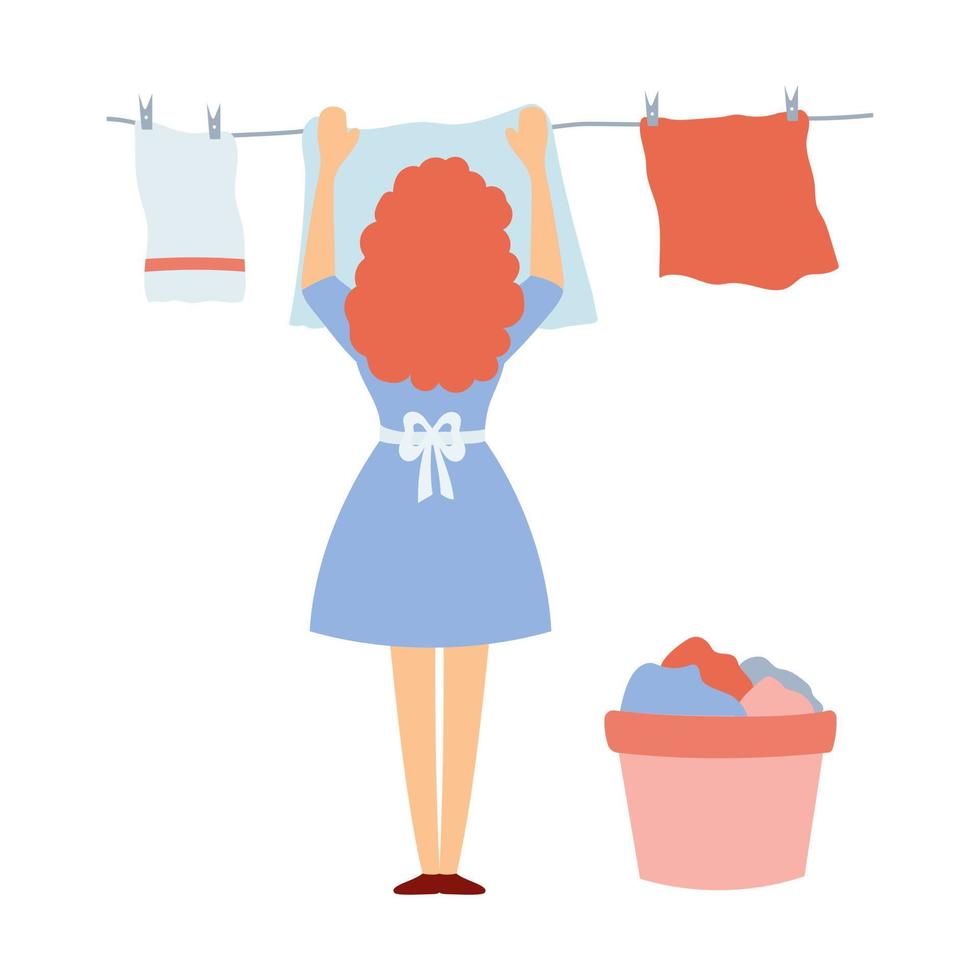 Vector illustration of an isolated housewife at work. The character is in a flat style, the woman is drying the laundry.