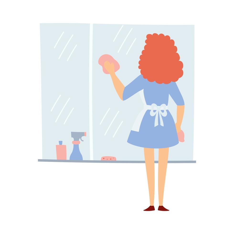 Vector illustration of an isolated housewife at work. The character is flat, the woman cleans the window.