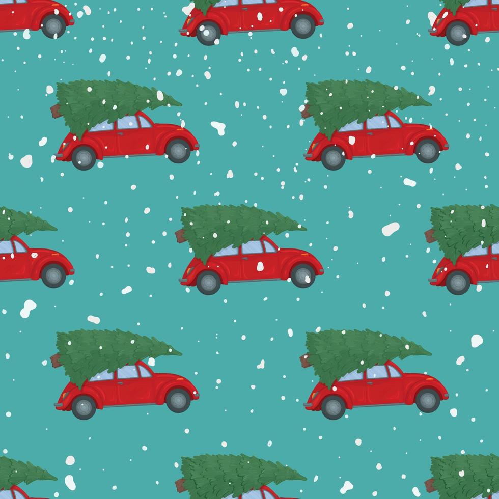 Vector illustration of the New Year pattern with red cars and Christmas trees. Pattern on blue background.