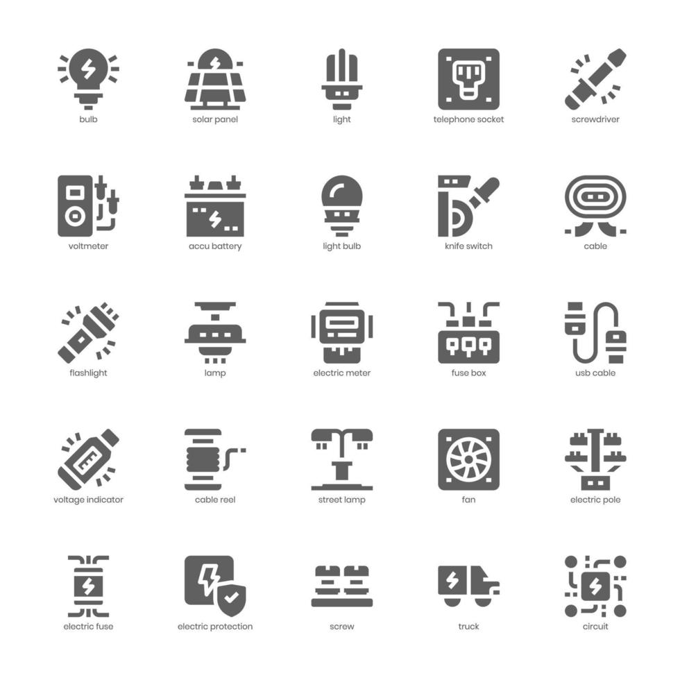 Electrician icon pack for your website, mobile, presentation, and logo design. Electrician icon glyph design. Vector graphics illustration and editable stroke.