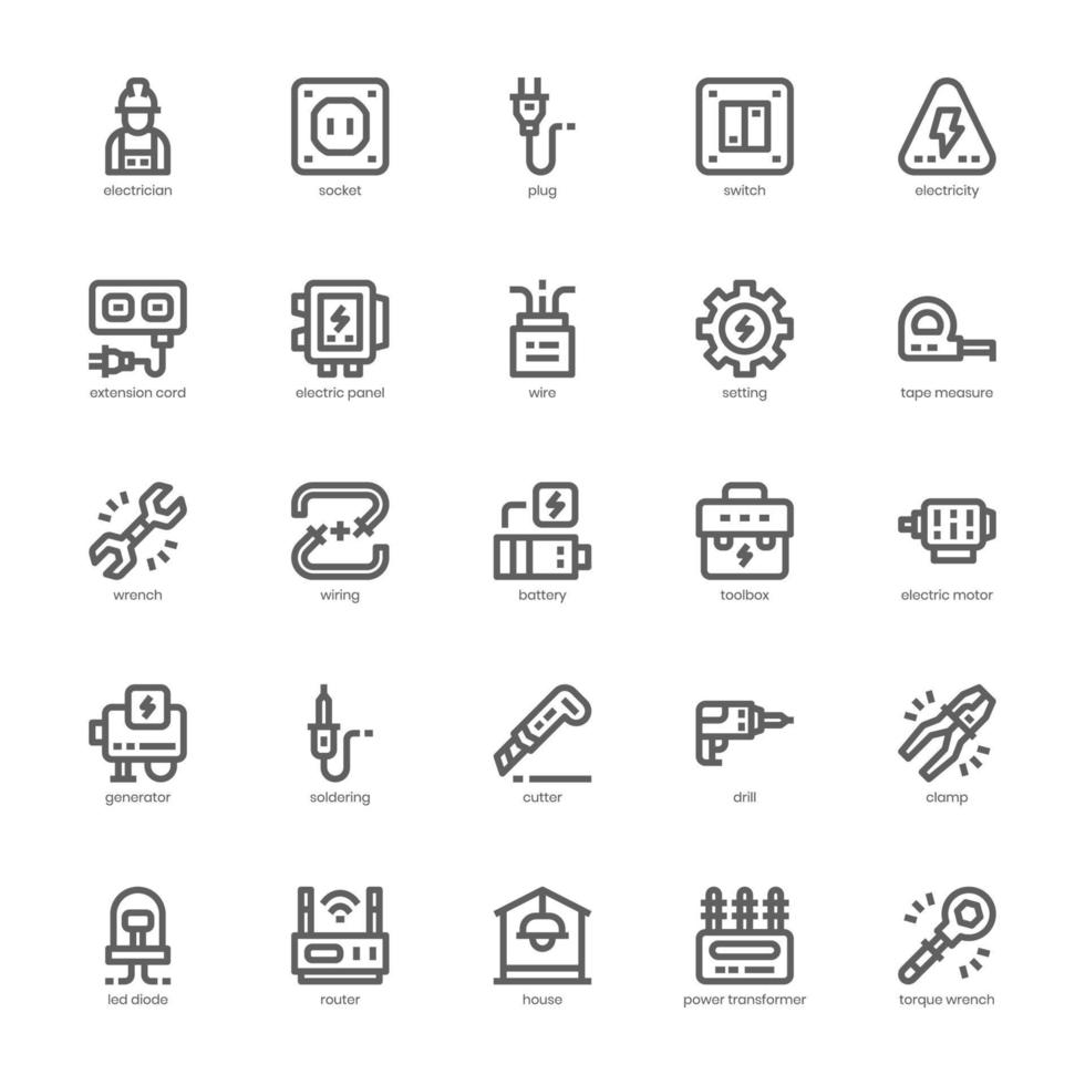 Electrician icon pack for your website, mobile, presentation, and logo design. Electrician icon outline design. Vector graphics illustration and editable stroke.
