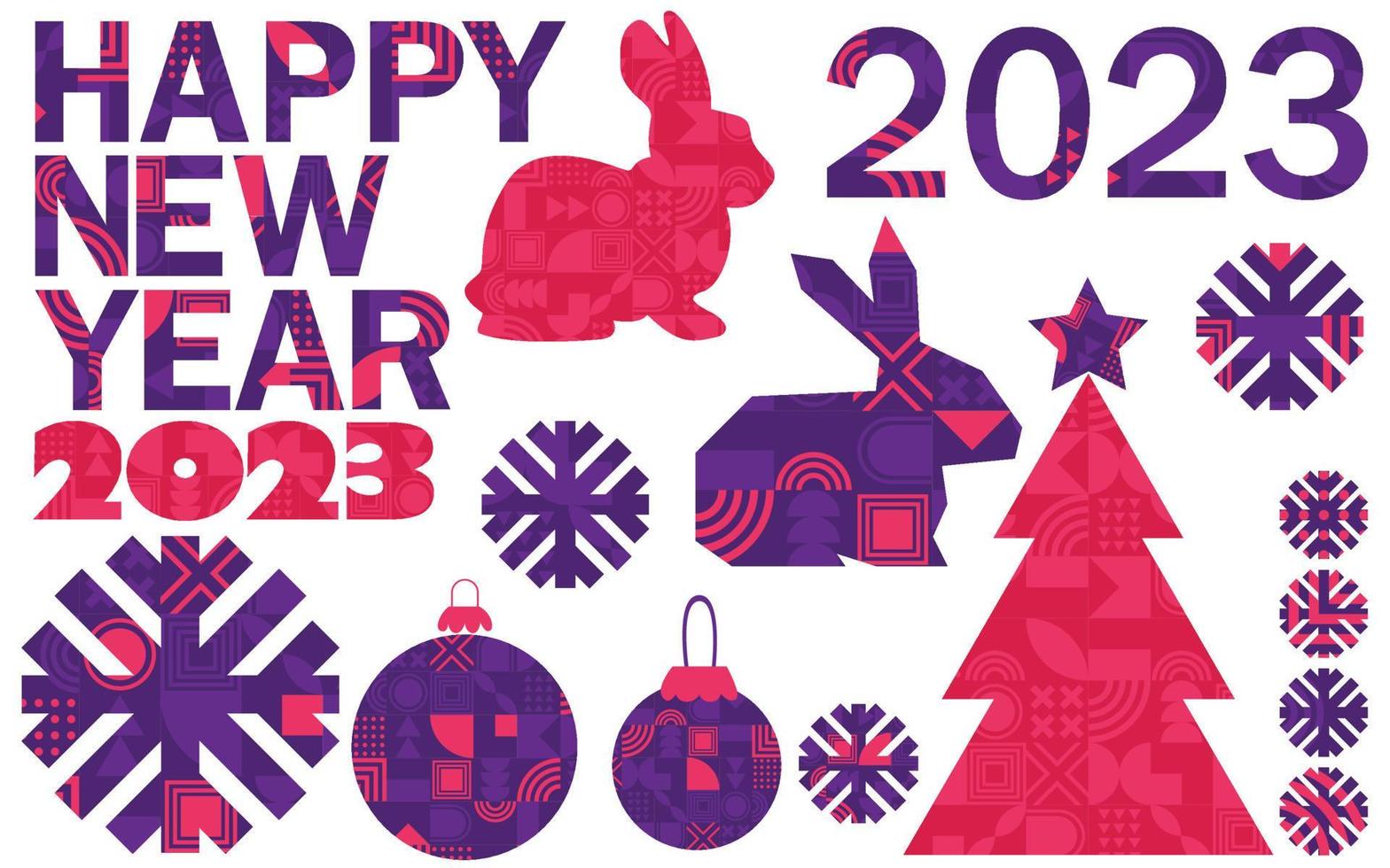 conjunto de elementos de diseño de feliz navidad de año nuevo 2023. forma geométrica abstracta. árbol de navidad, copo de nieve, conejito, conejo. vector