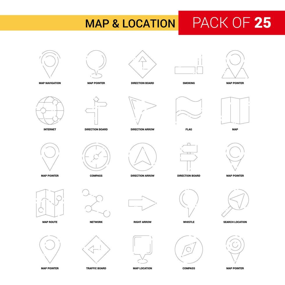 icono de línea negra de mapa y ubicación 25 conjunto de iconos de esquema de negocios vector