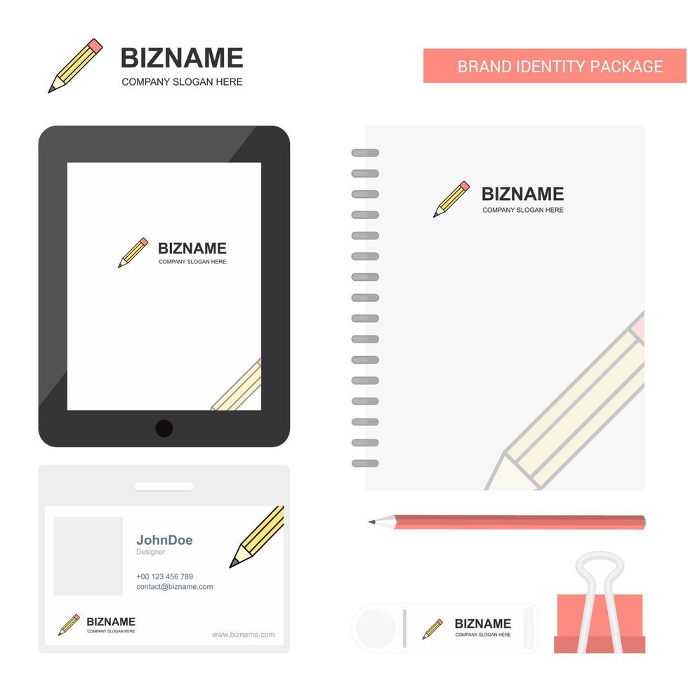 Pencil Business Logo Tab App Diary PVC Employee Card and USB Brand Stationary Package Design Vector Template