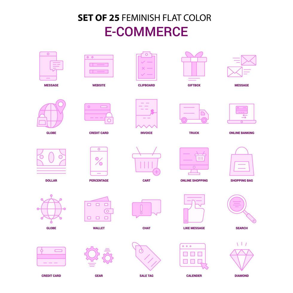 Set of 25 Feminish ECommerce Flat Color Pink Icon set vector