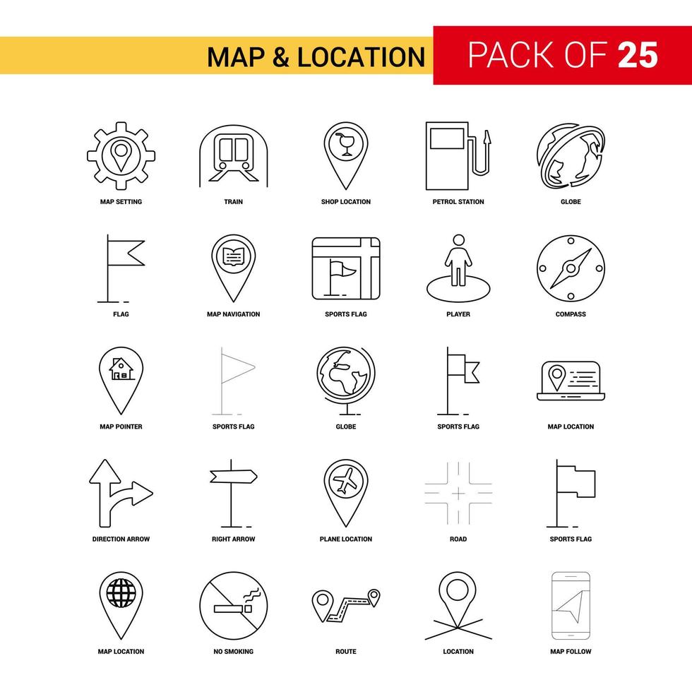 icono de línea negra de mapa y ubicación 25 conjunto de iconos de esquema de negocios vector