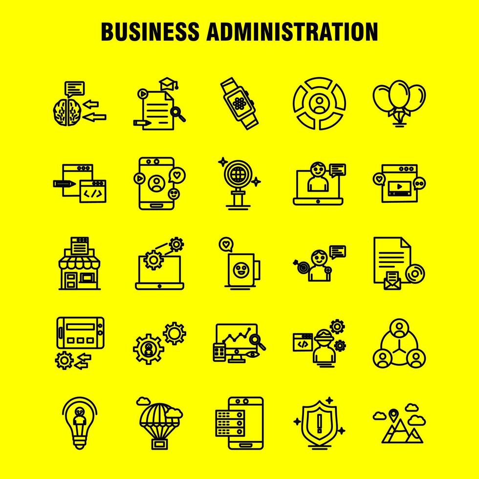 los iconos de la línea de administración de negocios establecidos para el kit de uxui móvil de infografía y el diseño de impresión incluyen el monitor de la pantalla de la computadora, la búsqueda del motor del sitio web del engranaje del avatar, el vector eps 10