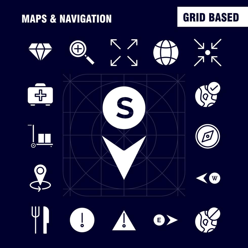 Maps And Navigation Solid Glyph Icon Pack For Designers And Developers Icons Of Food Fork Kitchen Knife Tools Arrow Bearing Direction Vector
