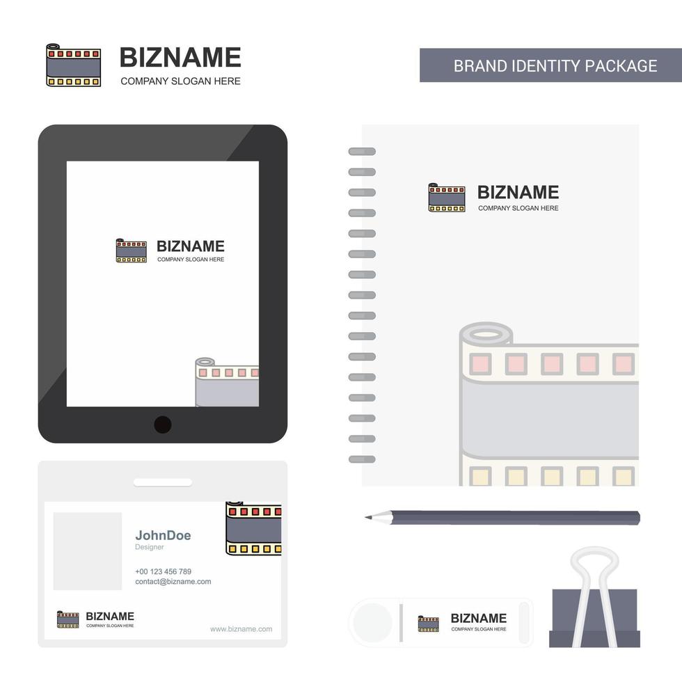 Film roll Business Logo Tab App Diary PVC Employee Card and USB Brand Stationary Package Design Vector Template