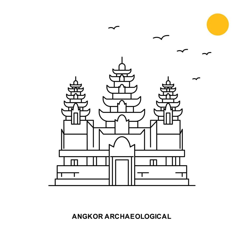 fondo de ilustración natural de viaje mundial de monumento arqueológico de angkor en estilo de línea vector