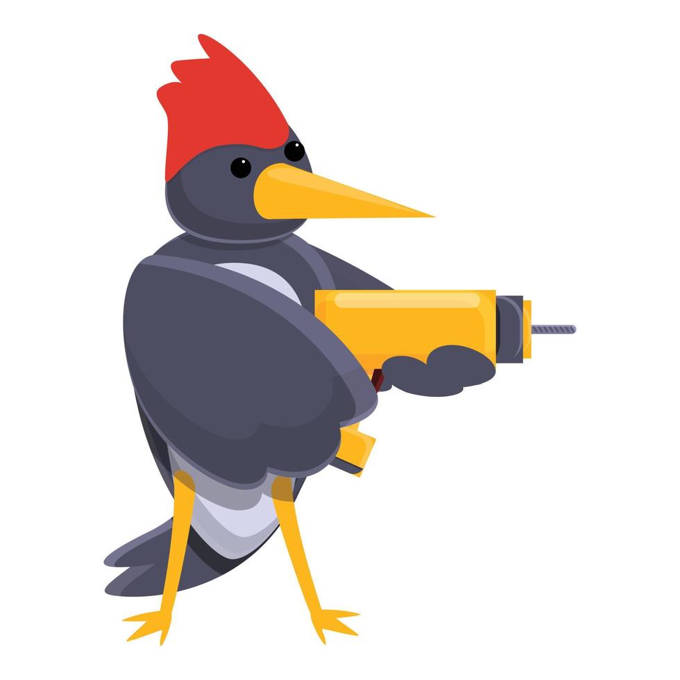 pájaro carpintero con icono de taladro manual, estilo de dibujos animados vector